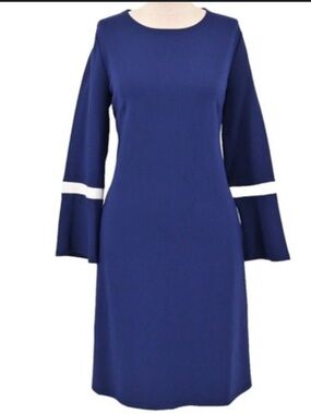 Anne Klein Navy Blue Long Sleeve Shift Dress with white Trim size small NWT